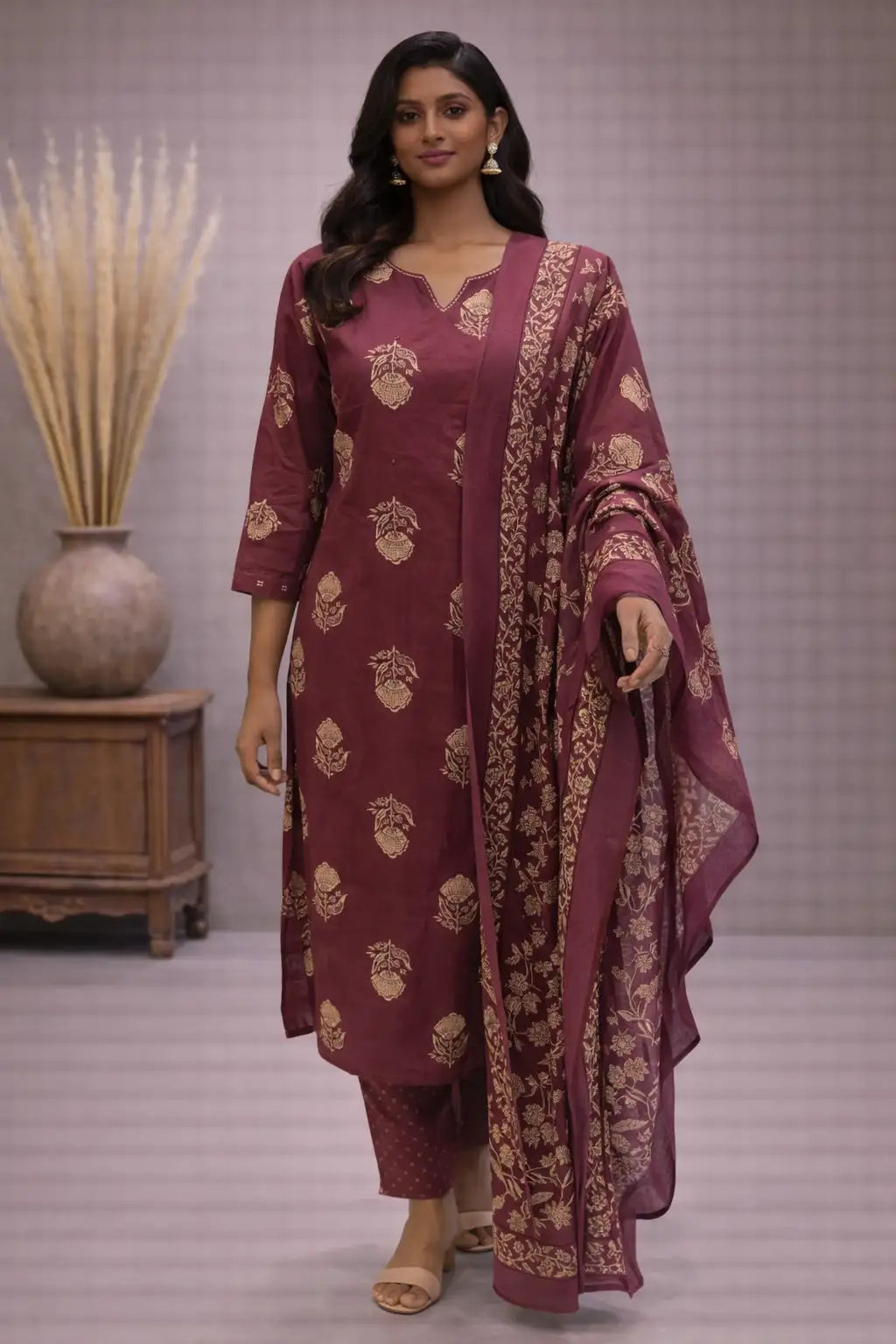 Women's Maroon Cotton Printed Kurta Pant Set with Dupatta